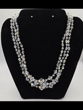 Vintage Aurora Borealis Crystal Beaded Necklace – Triple Strand Statement Piece